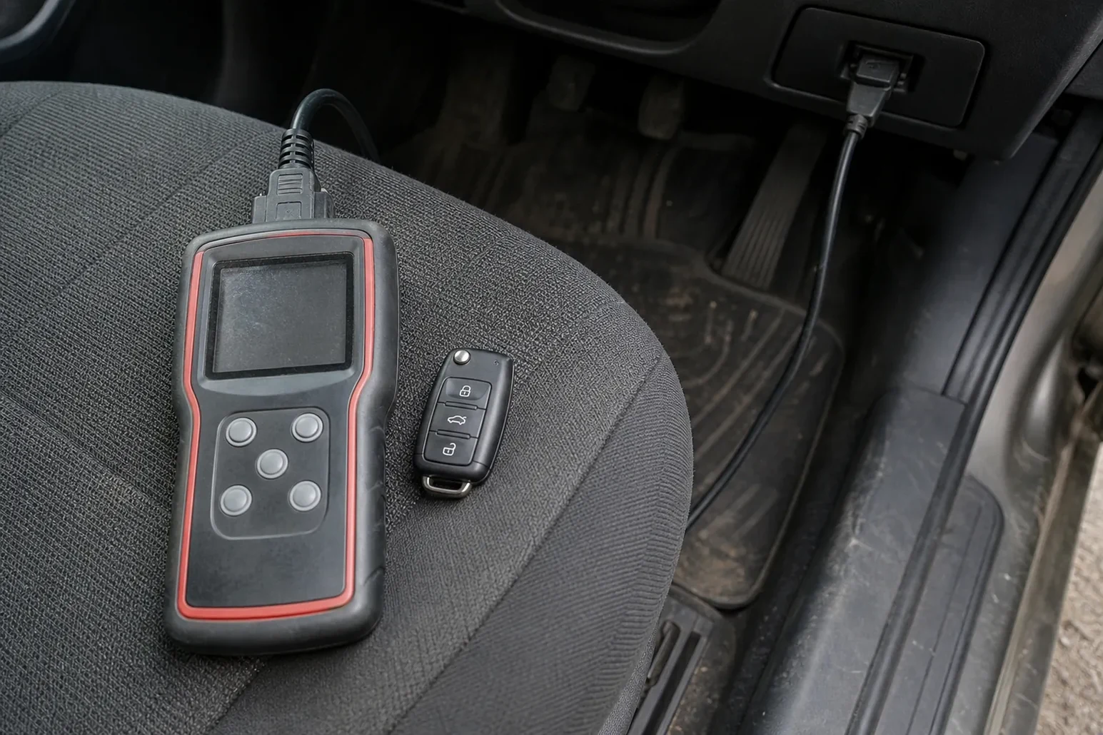 Car key programmer plugged into the OBD port in High Point, NC