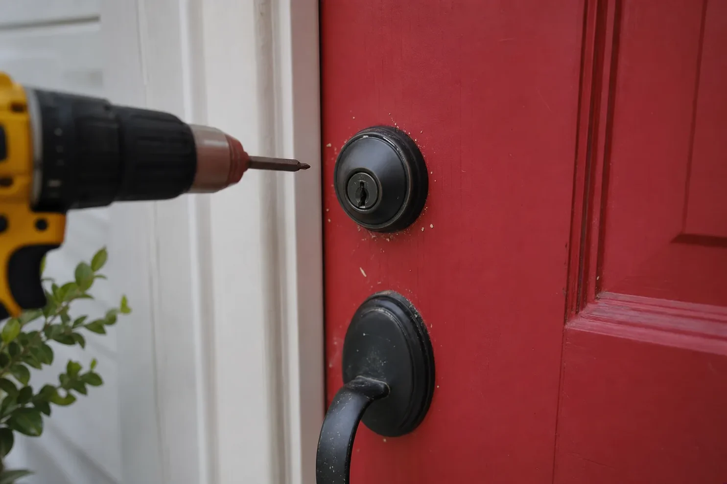 New deadbolt being installed in a front door