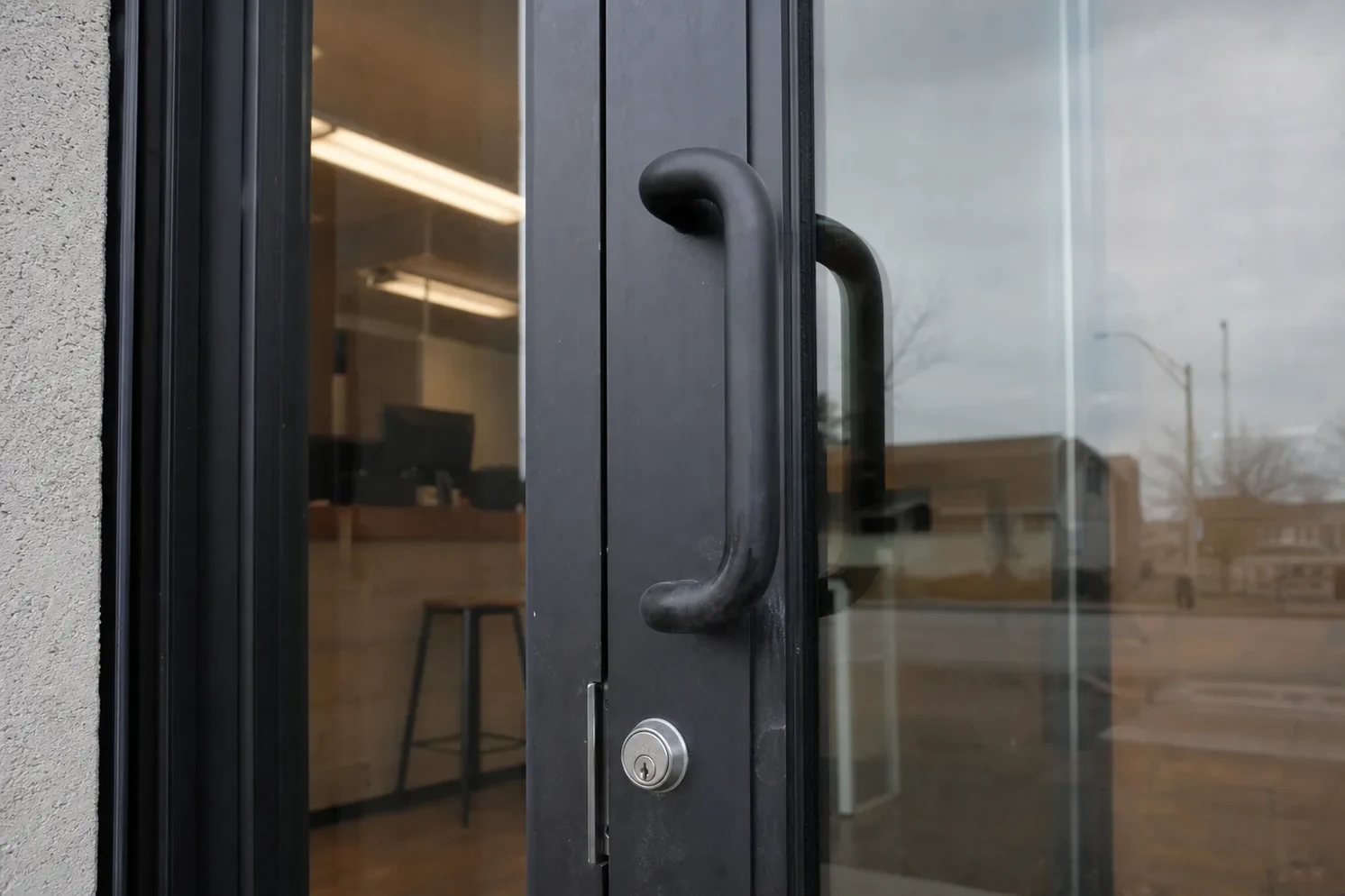 Glass entrance door of a local business